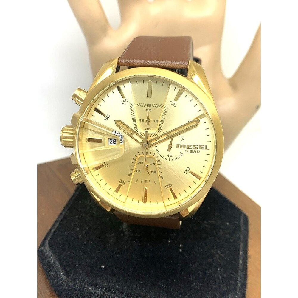 Diesel Men's Watch DZ4475 Lefty Quartz Chronograph Gold Brown Leather Band 47mm